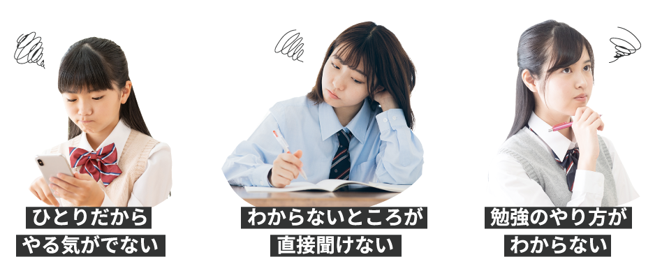 ひとりだからやる気がでない　わからないところが直接聞けない　勉強のやり方がわからない